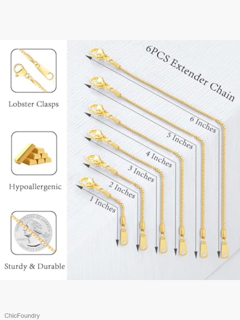 6 Piece Gold Plated Necklace Extender Set Box Cable Chain 1-6 Inch - Picture 3 of 7